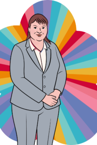 Young women in a business suit in front of a rainbow background.