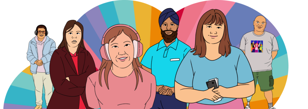 illustrated people on a rainbow background. They are a diverse group.