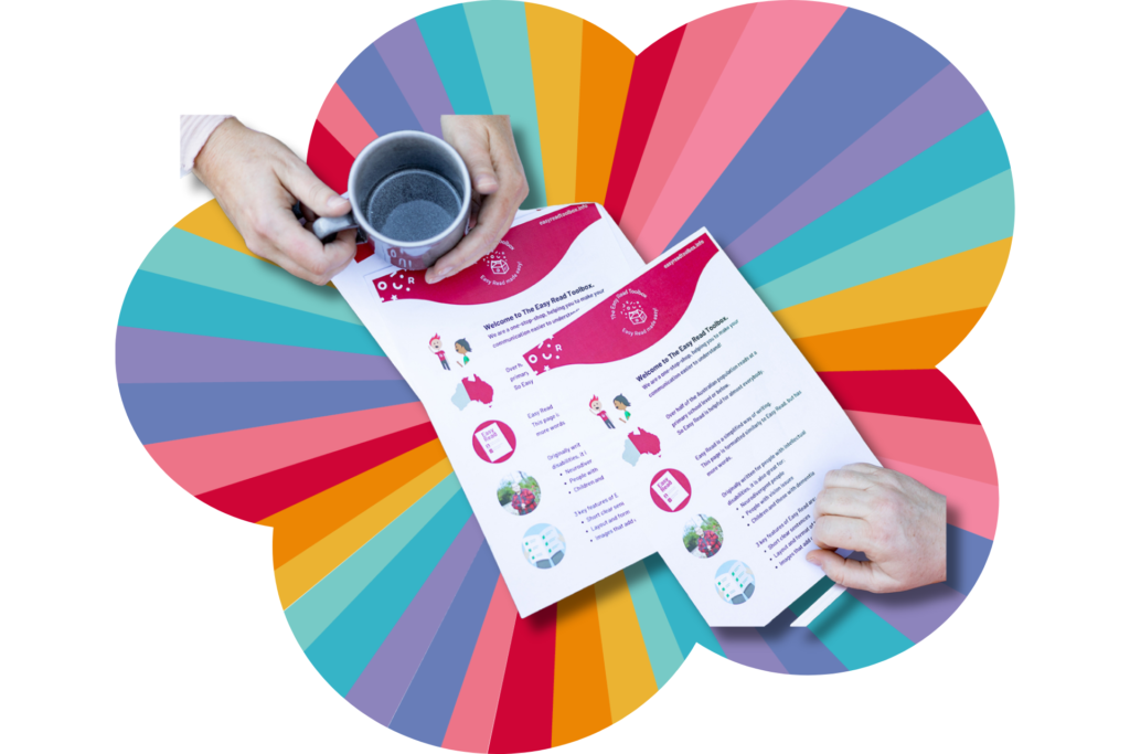 Easy Read documents, and hands with coffee mugs, on a rainbow background.