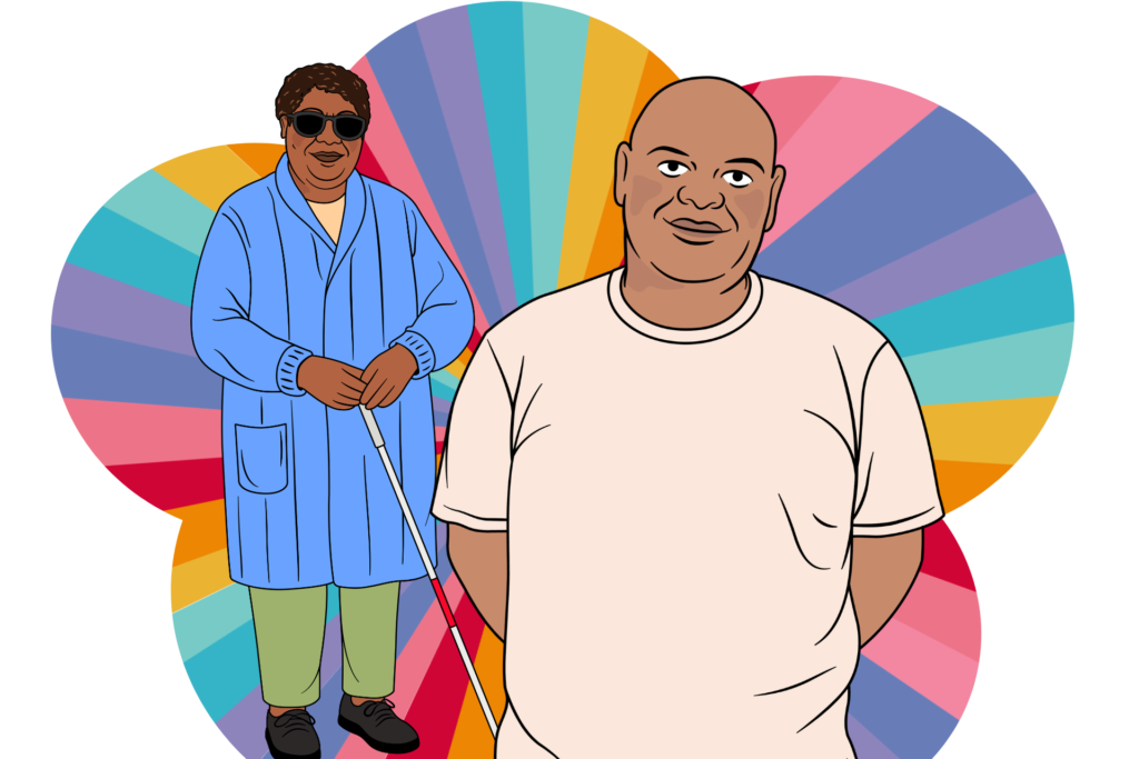 2 people standing in front of a rainbow background.